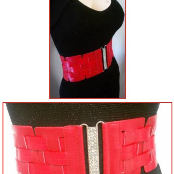 Fashion Horizontally & Vertically Design Red Elastic Waist Belt Size S M - Picture 2 of 3